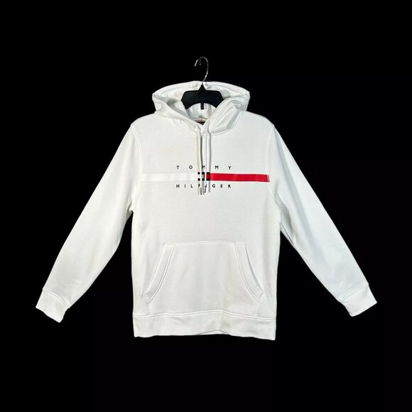 Tommy Hilfiger Men's Pullover Fleece Hoodie Sweatshirt Size M White Flag Stripe - Picture 8 of 9